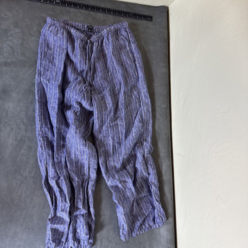 J Crew M Women’s 100 % Linen Hickory Stripe Pants Blue Medium C1942 Medium